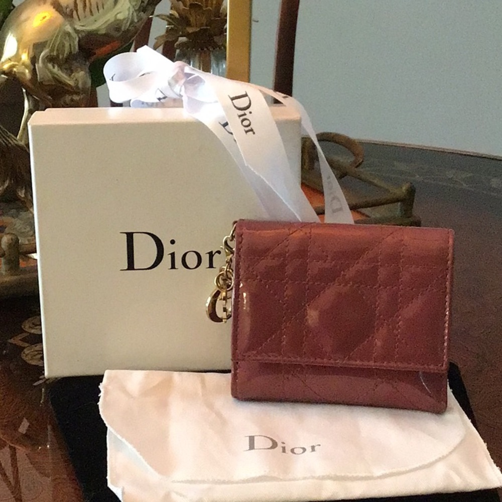 Authentic Lady Dior Lotus Trifold Patent Leather Compact Folding Wallet with COA